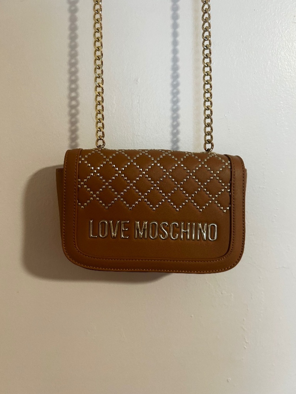 Love Moschino Studded Logo Crossbody Bag Brown Gold Chain